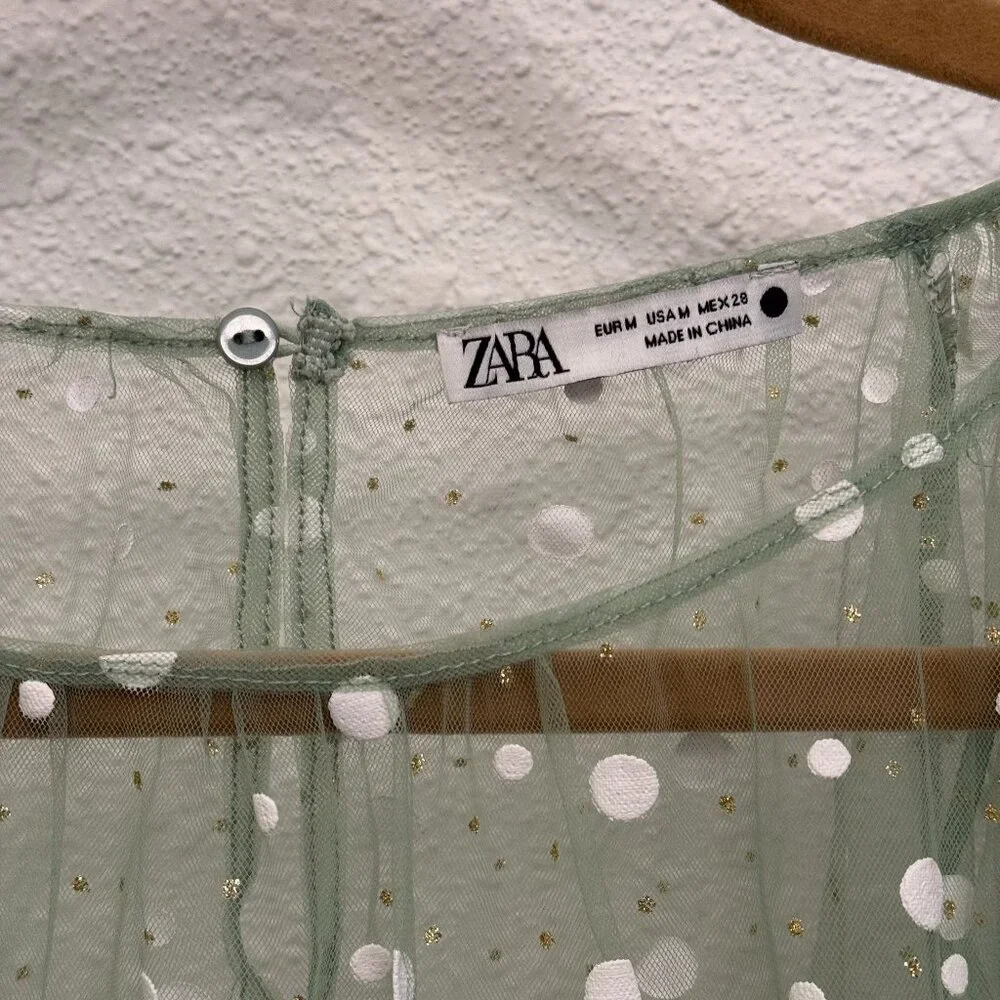 Zara Sheer Puff Sleeve Green with White Dot Pullover Blouse Women's Medium